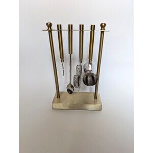 Vintage MCM Style Metal Bar Mixer Tool Set with Stand Caddy Brass & Silver Tone